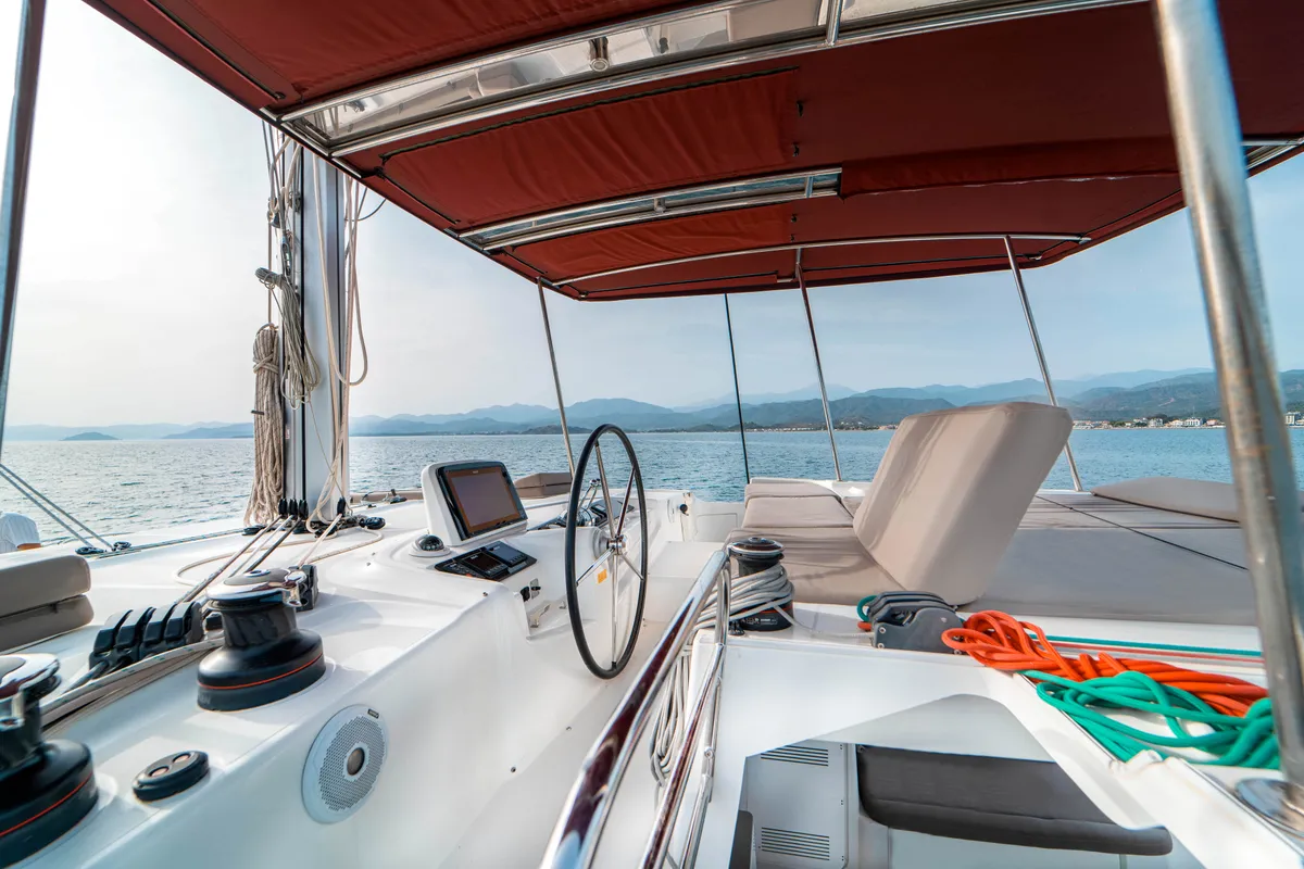Cockpit of Hydra, a Lagoon 46 catamaran at Fethiye, Turkey