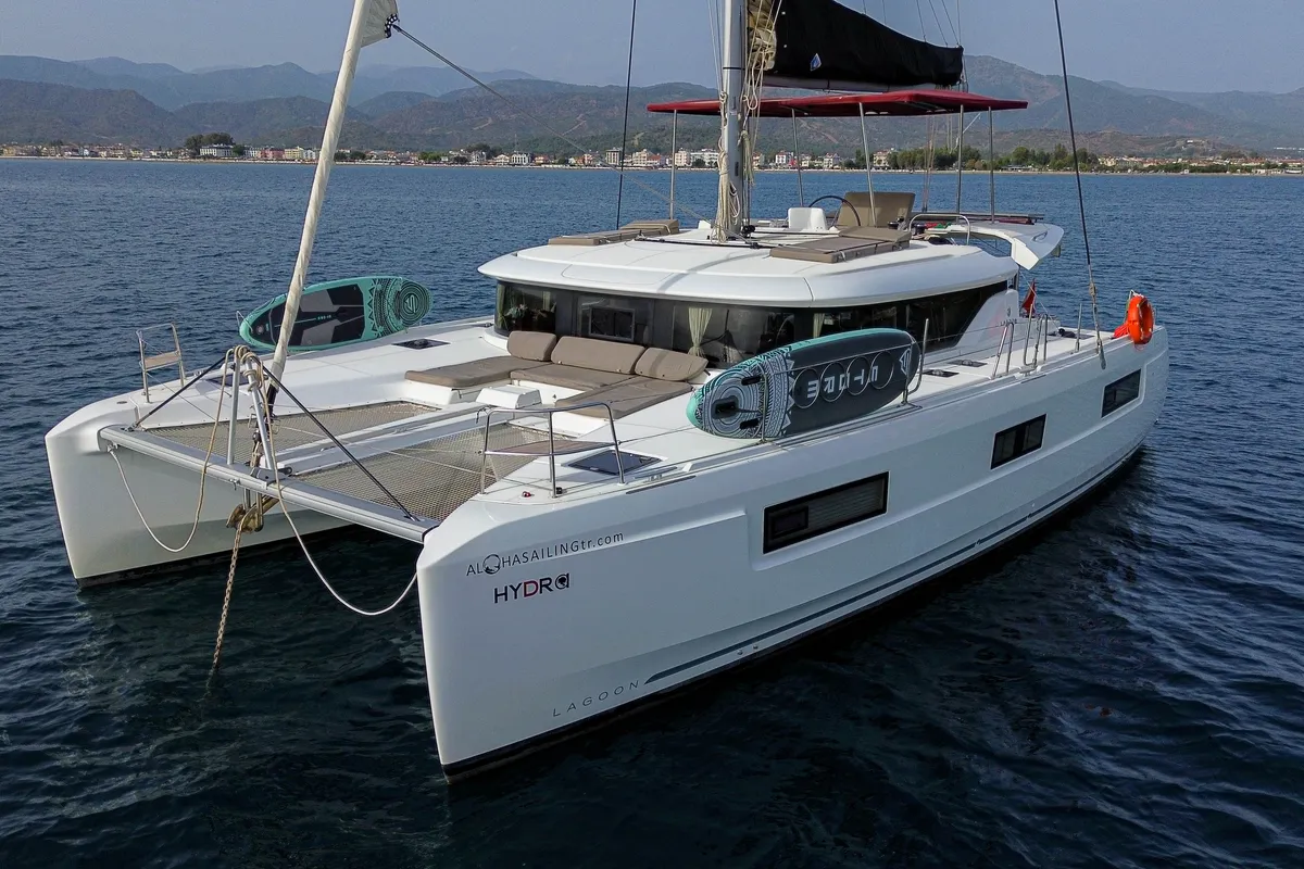 Exterior view of Hydra, a Lagoon 46 catamaran at Fethiye, Turkey
