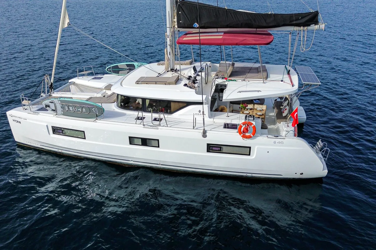 Exterior view of Hydra, a Lagoon 46 catamaran at Fethiye, Turkey