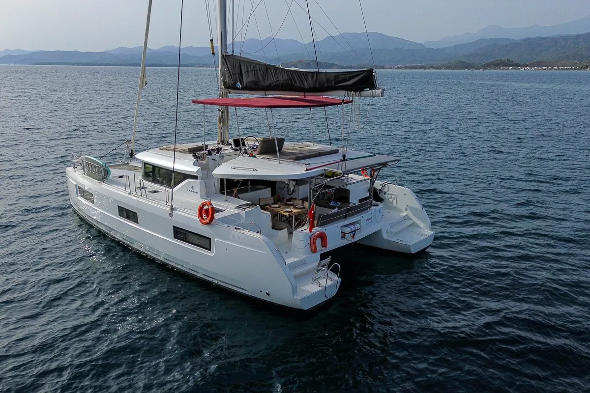 Exterior view of Hydra, a Lagoon 46 catamaran at Fethiye, Turkey