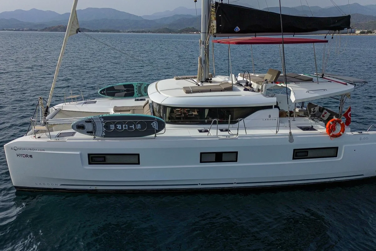 Exterior view of Hydra, a Lagoon 46 catamaran at Fethiye, Turkey