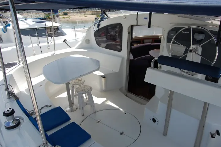Deck of Piropo Primero, a Fountaine Pajot Belize 43 catamaran at es Jonquet, Spain