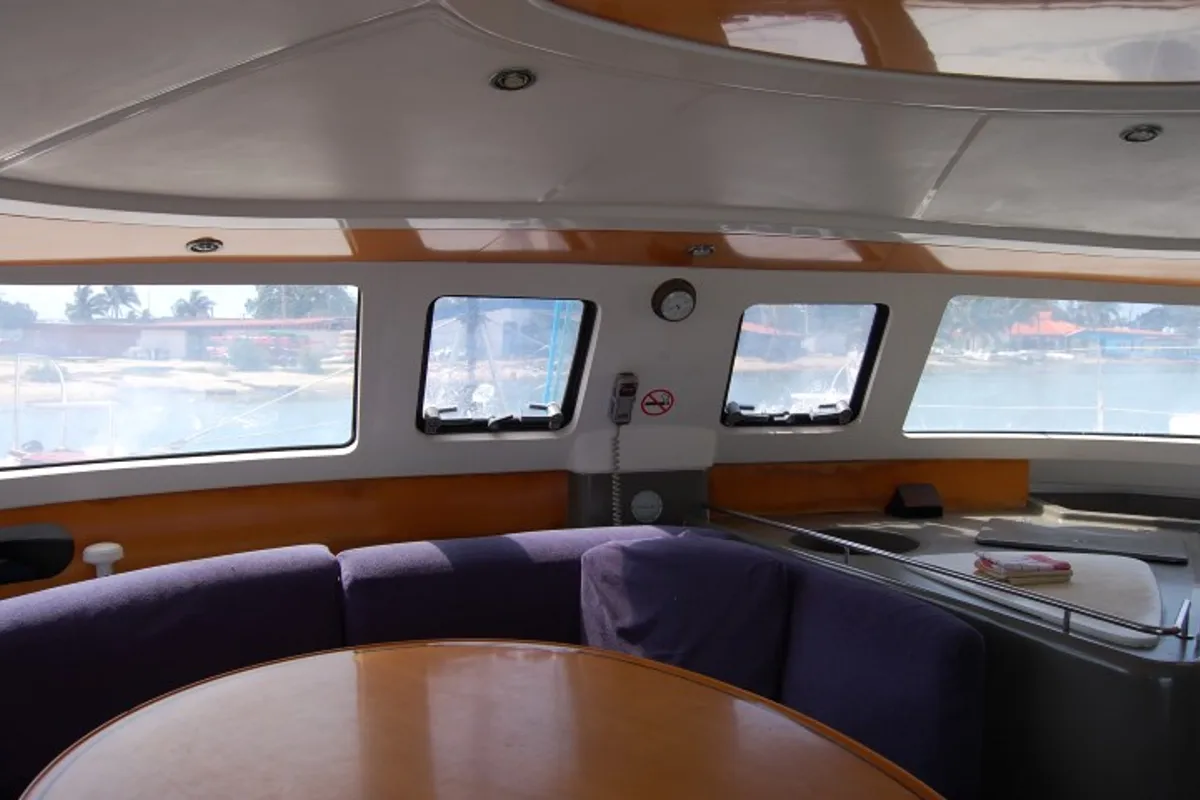Salon of Piropo Primero, a Fountaine Pajot Belize 43 catamaran at es Jonquet, Spain