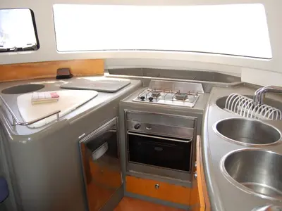 Galley of Piropo Primero, a Fountaine Pajot Belize 43 catamaran at es Jonquet, Spain