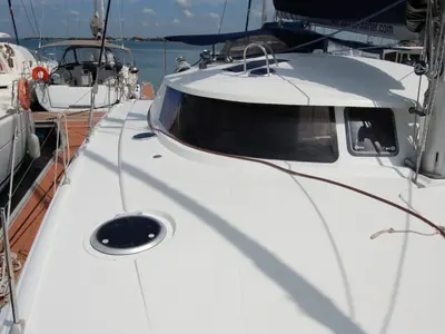 Deck of Piropo Primero, a Fountaine Pajot Belize 43 catamaran at es Jonquet, Spain