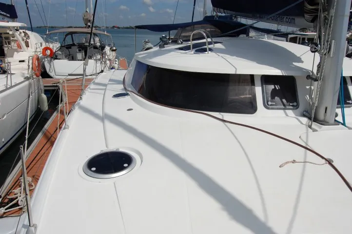 Deck of Piropo Primero, a Fountaine Pajot Belize 43 catamaran at es Jonquet, Spain
