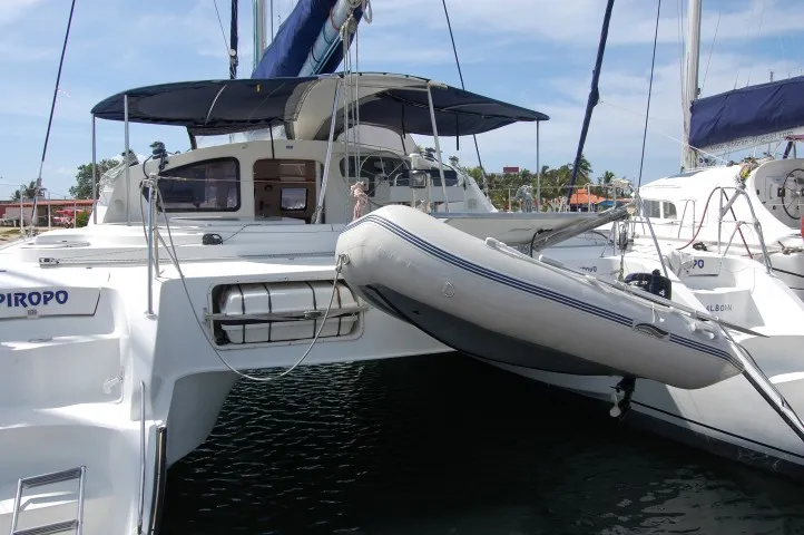 Exterior view of Piropo Primero, a Fountaine Pajot Belize 43 catamaran at es Jonquet, Spain