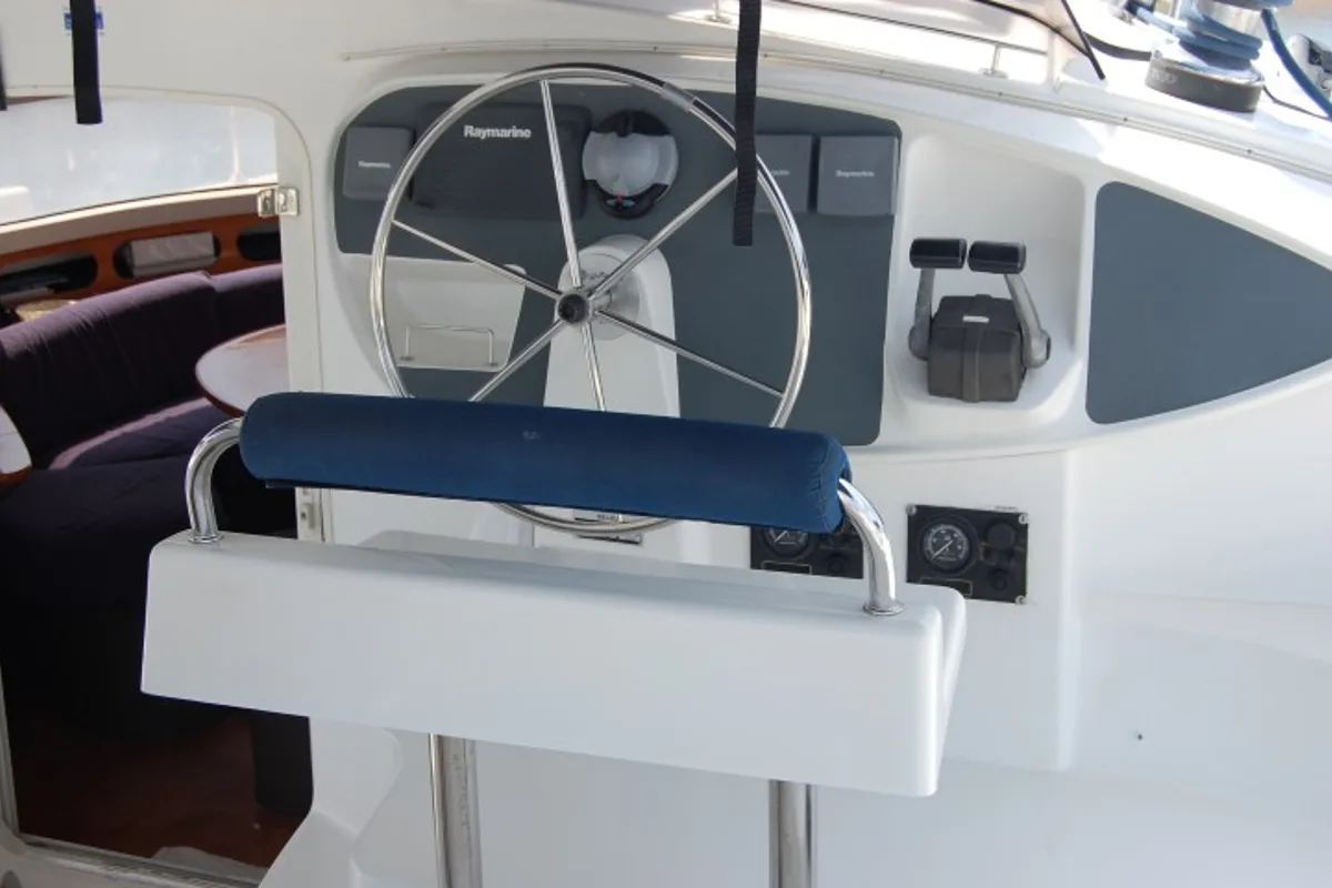 Cockpit of Piropo Primero, a Fountaine Pajot Belize 43 catamaran at es Jonquet, Spain