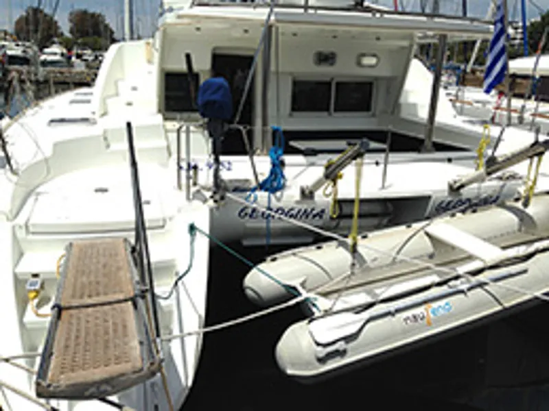 Exterior view of Georgina, a Lagoon 440 catamaran at Athens, Greece