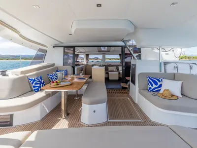 CLEOCATRA, a Fountaine Pajot FP 44 catamaran at Lavrion, Greece