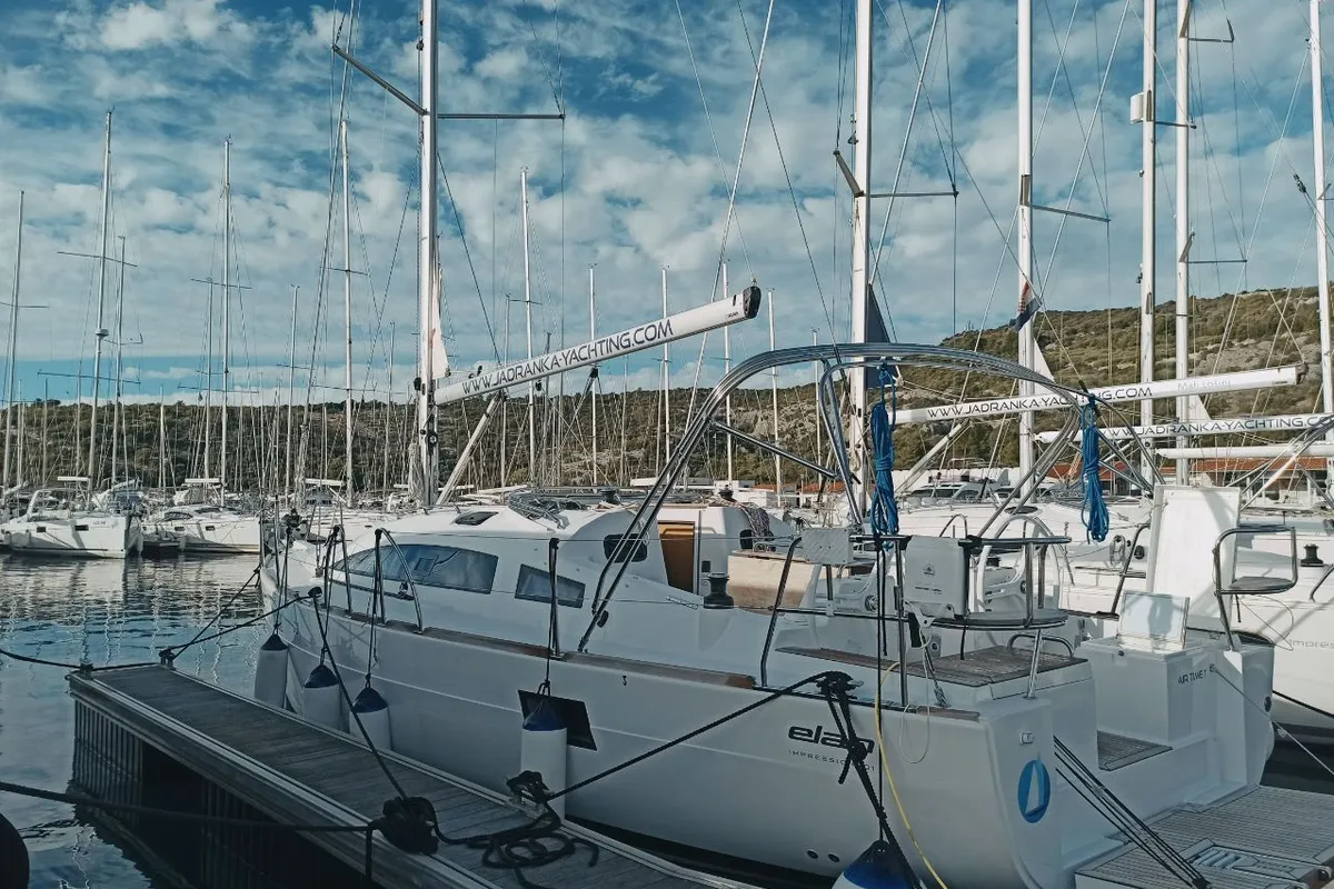 Exterior view of Airtime 1, a Elan Impression 40.1 sailboat at Punat, Croatia