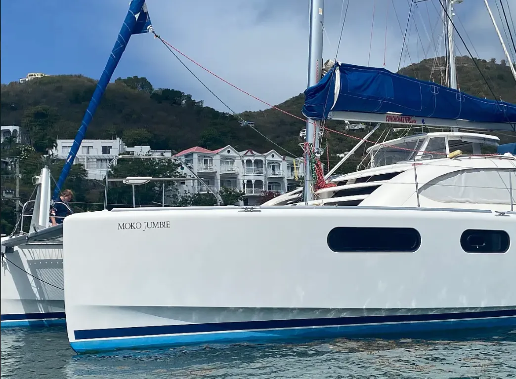 Exterior view of Moko Jumbie, a Leopard 46 catamaran at Ribishi, Saint Vincent and the Grenadines