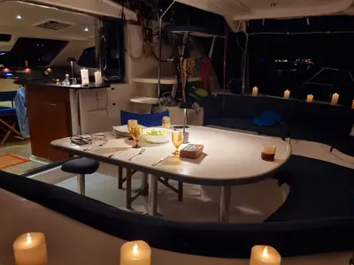 Salon of Moko Jumbie, a Leopard 46 catamaran at Ribishi, Saint Vincent and the Grenadines