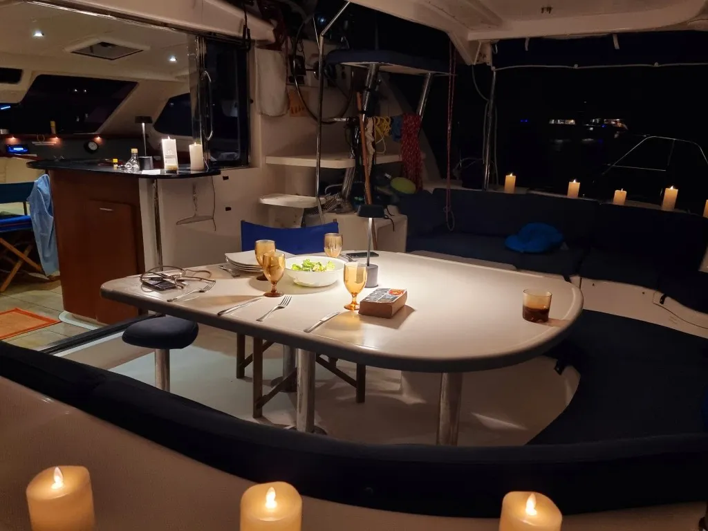 Salon of Moko Jumbie, a Leopard 46 catamaran at Ribishi, Saint Vincent and the Grenadines