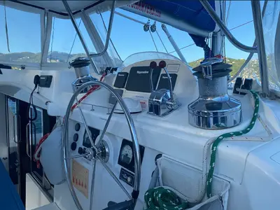 Cockpit of Moko Jumbie, a Leopard 46 catamaran at Ribishi, Saint Vincent and the Grenadines