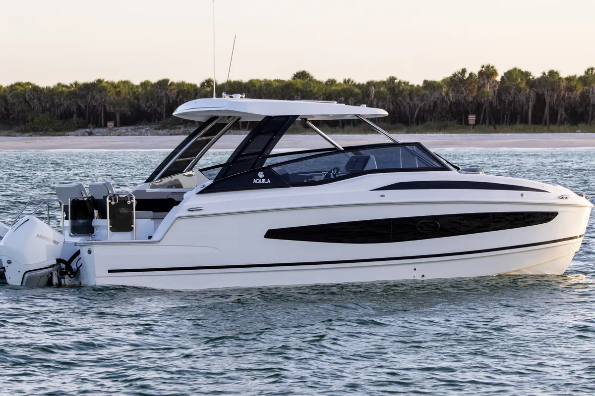 Exterior view of Aquilotto, a Aquila 32 Sport catamaran at Cannigione, Italy