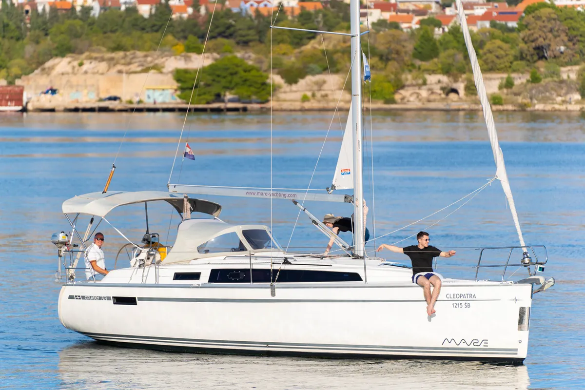 Exterior view of Cleopatra, a Bavaria Cruiser 33 sailboat at Grad Šibenik, Croatia