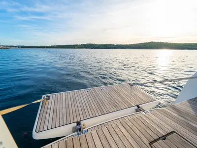 Deck of Cleopatra, a Bavaria Cruiser 33 sailboat at Grad Šibenik, Croatia
