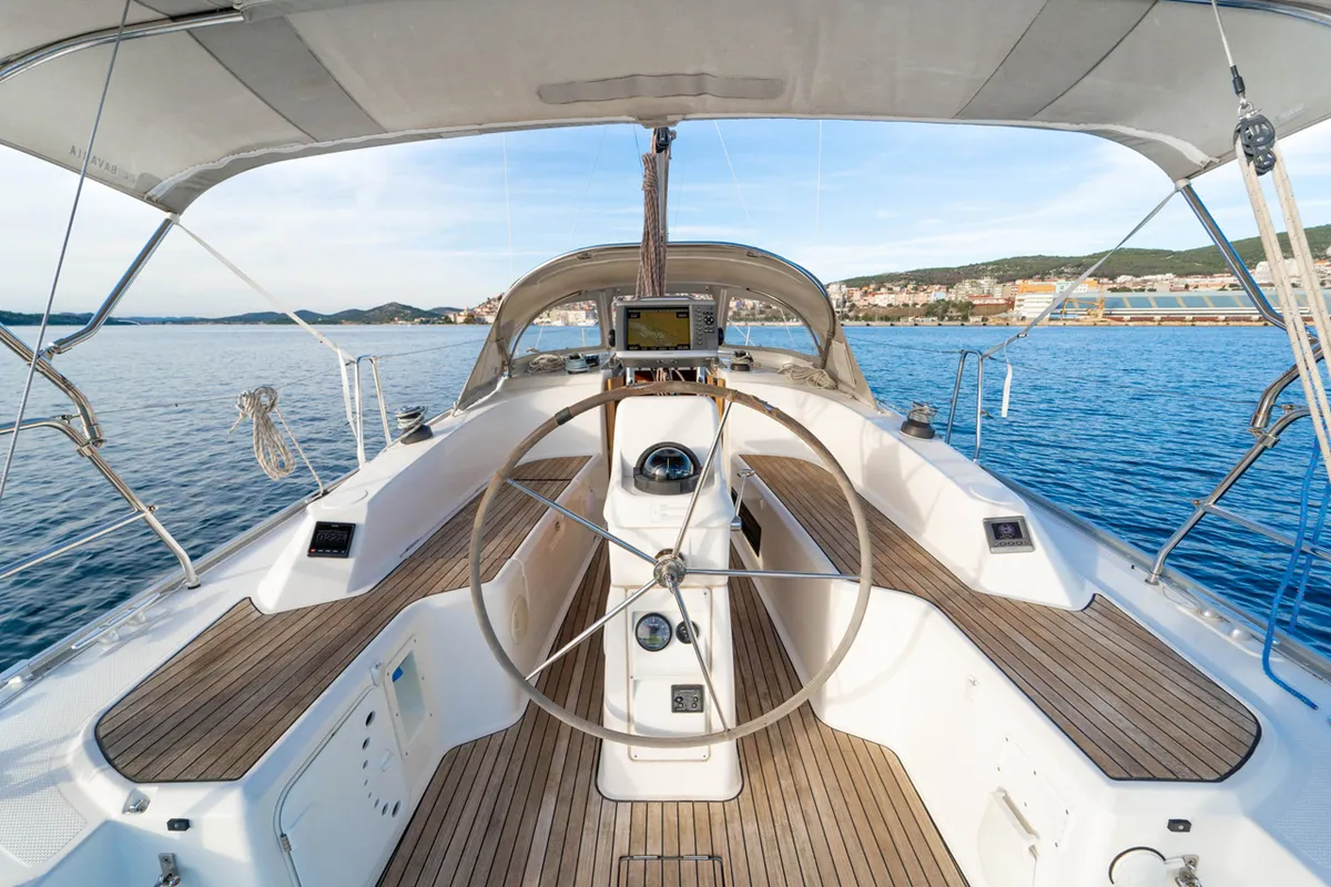 Cockpit of Cleopatra, a Bavaria Cruiser 33 sailboat at Grad Šibenik, Croatia
