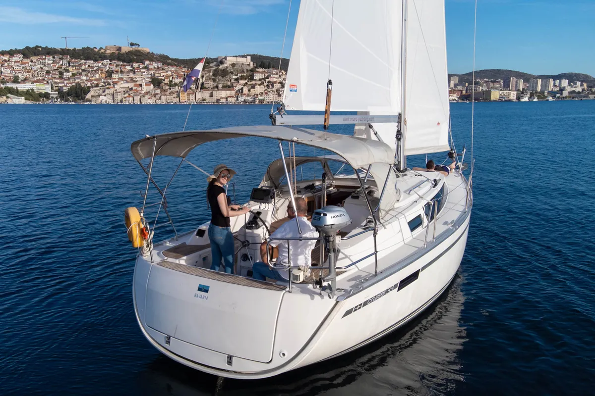 Exterior view of Cleopatra, a Bavaria Cruiser 33 sailboat at Grad Šibenik, Croatia