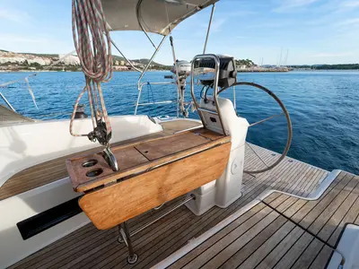 Cockpit of Cleopatra, a Bavaria Cruiser 33 sailboat at Grad Šibenik, Croatia