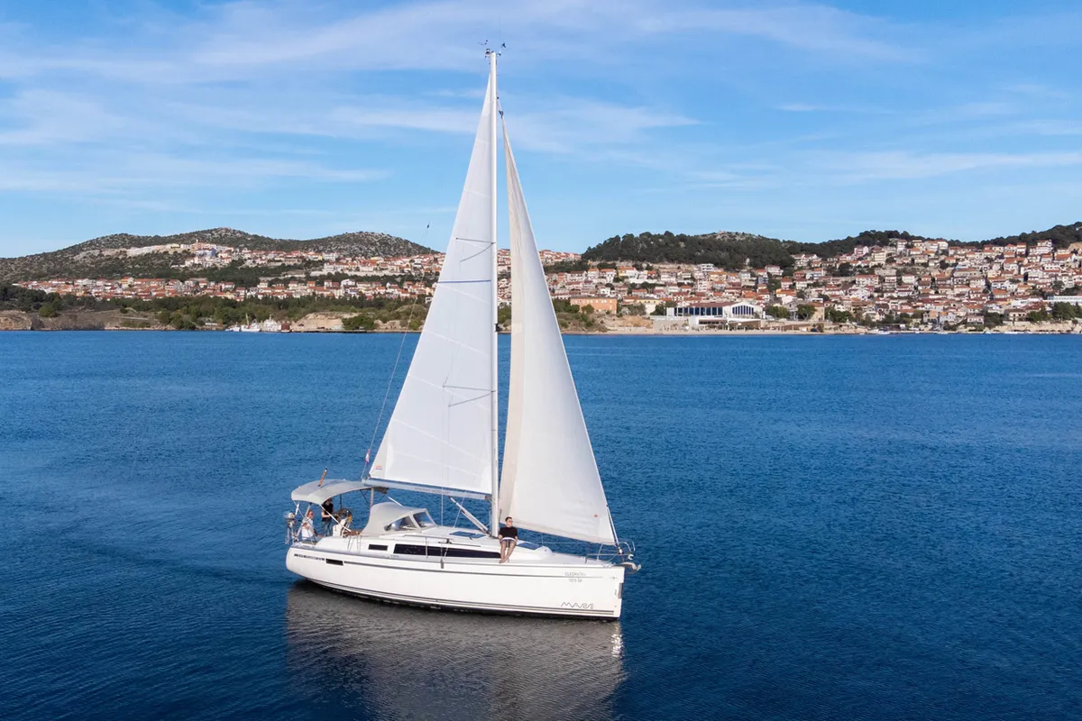 Exterior view of Cleopatra, a Bavaria Cruiser 33 sailboat at Grad Šibenik, Croatia