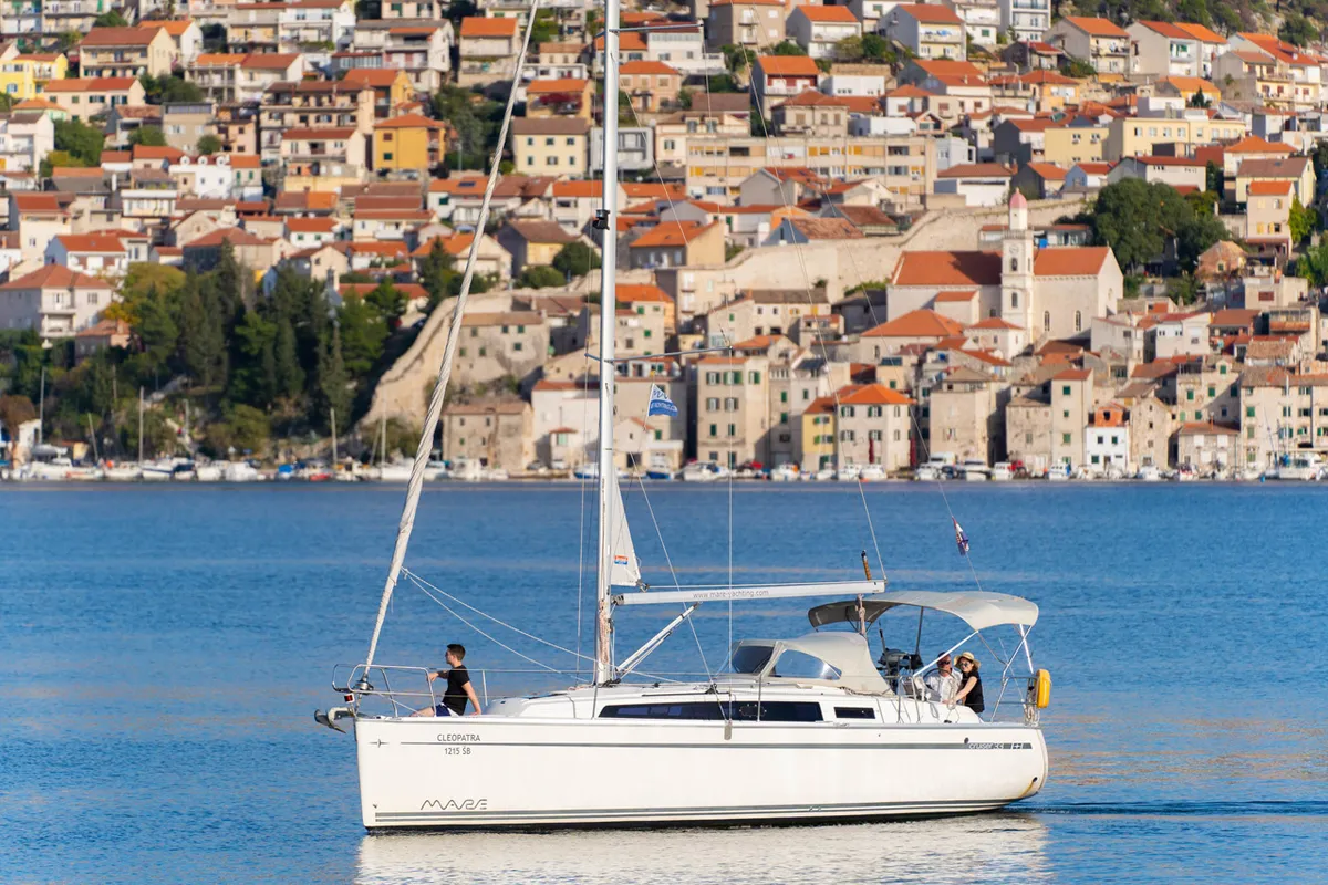 Exterior view of Cleopatra, a Bavaria Cruiser 33 sailboat at Grad Šibenik, Croatia