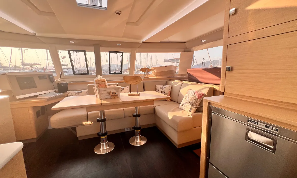 Salon of Bollinger, a Fountaine Pajot Astrea 42 catamaran at Olbia, Italy