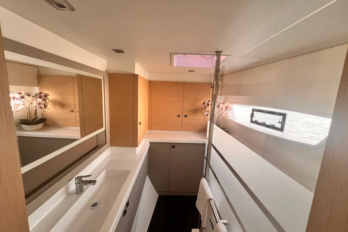 Head on Bollinger, a Fountaine Pajot Astrea 42 catamaran at Olbia, Italy