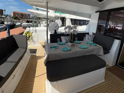 Deck of Bollinger, a Fountaine Pajot Astrea 42 catamaran at Olbia, Italy