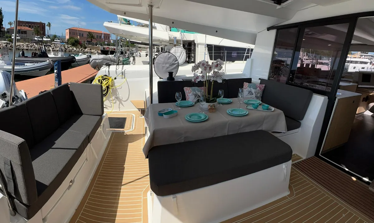 Deck of Bollinger, a Fountaine Pajot Astrea 42 catamaran at Olbia, Italy
