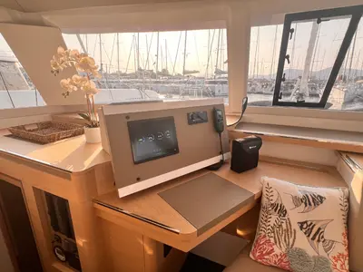 Salon of Bollinger, a Fountaine Pajot Astrea 42 catamaran at Olbia, Italy