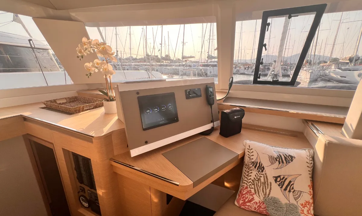 Salon of Bollinger, a Fountaine Pajot Astrea 42 catamaran at Olbia, Italy