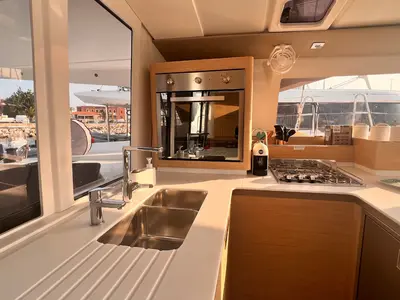 Galley of Bollinger, a Fountaine Pajot Astrea 42 catamaran at Olbia, Italy