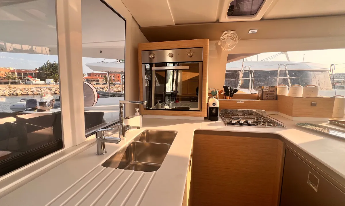 Galley of Bollinger, a Fountaine Pajot Astrea 42 catamaran at Olbia, Italy