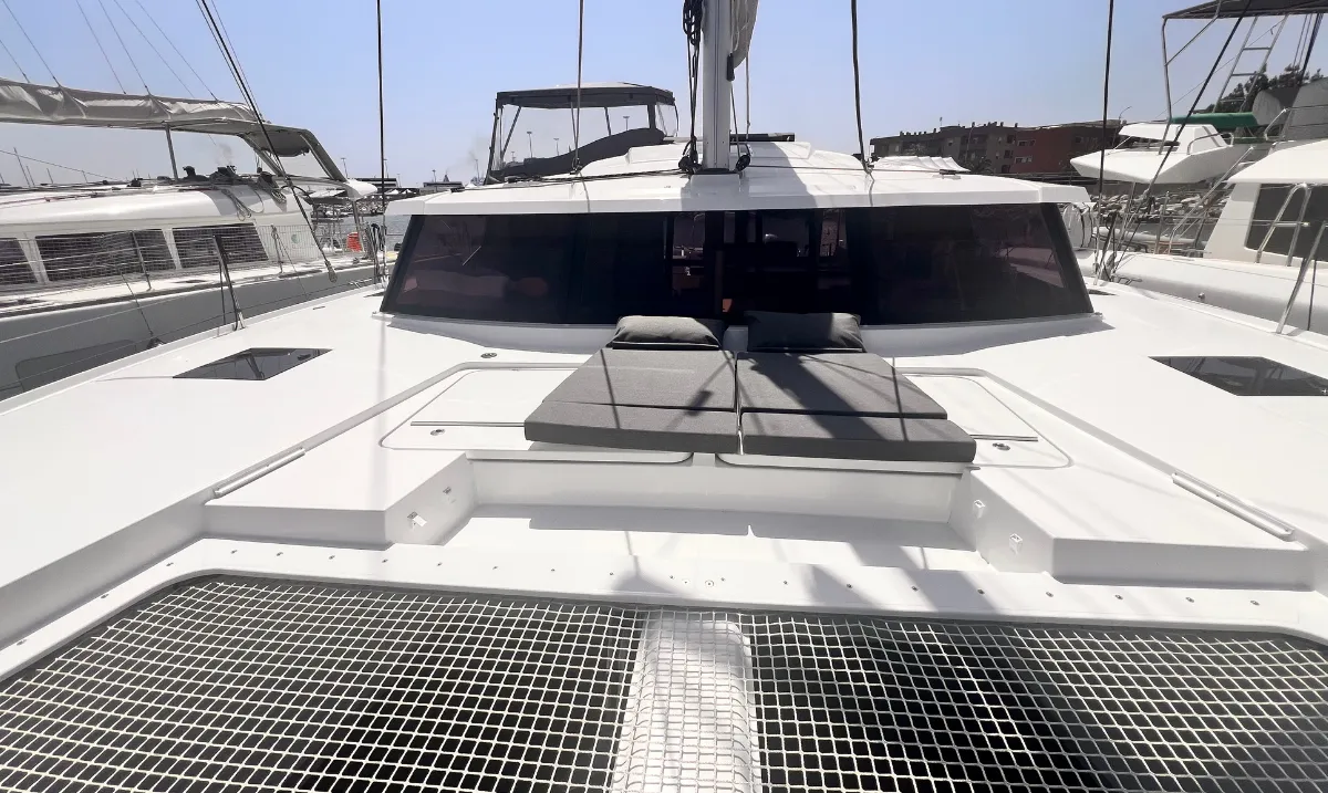 Deck of Bollinger, a Fountaine Pajot Astrea 42 catamaran at Olbia, Italy
