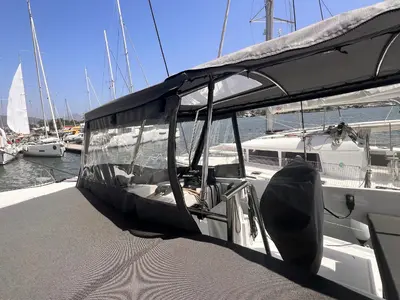 Cockpit of Bollinger, a Fountaine Pajot Astrea 42 catamaran at Olbia, Italy