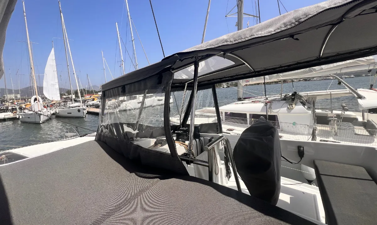 Cockpit of Bollinger, a Fountaine Pajot Astrea 42 catamaran at Olbia, Italy