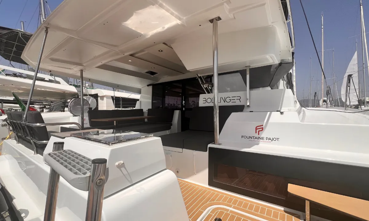 Deck of Bollinger, a Fountaine Pajot Astrea 42 catamaran at Olbia, Italy