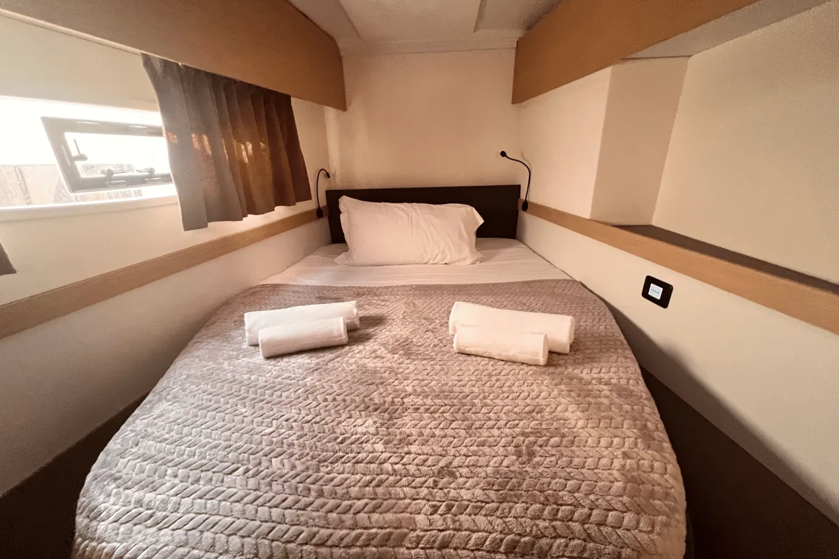 Cabin on Bollinger, a Fountaine Pajot Astrea 42 catamaran at Olbia, Italy