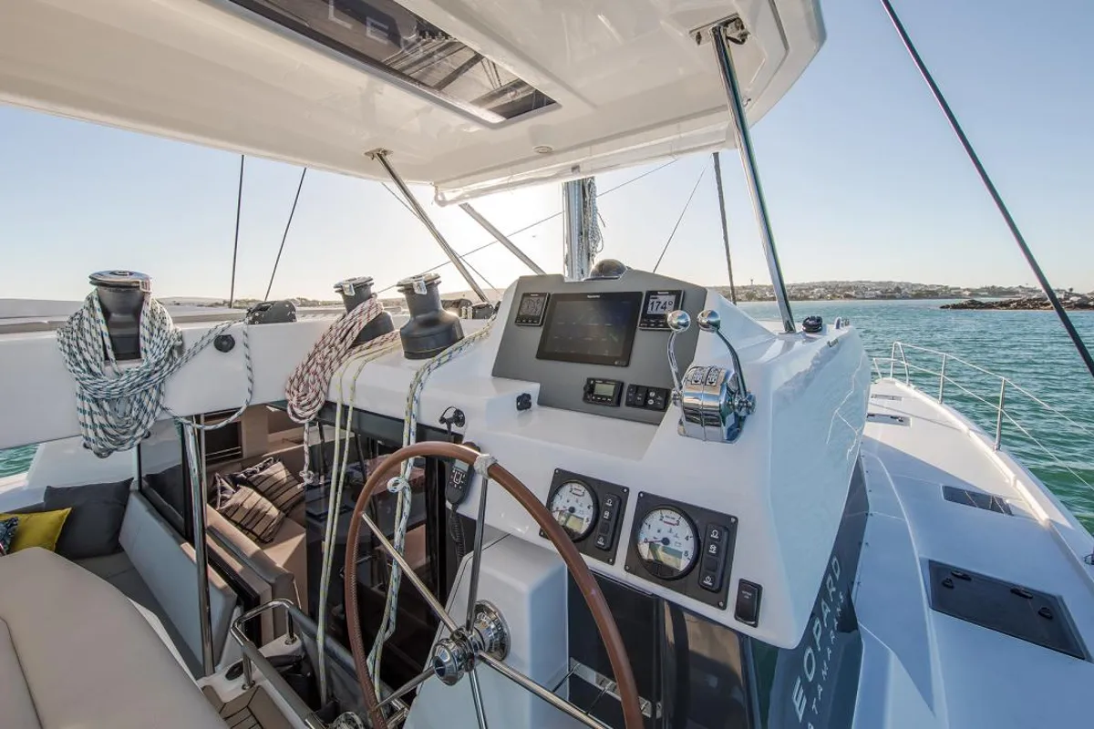 Cockpit of Leopard 50, a catamaran at Nassau, Bahamas