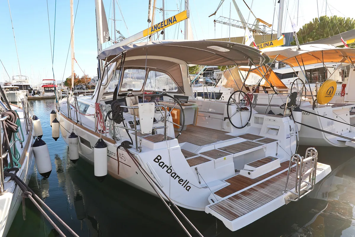 Exterior view of Barbarella, a Beneteau Oceanis 45 sailboat at Trogir, Croatia