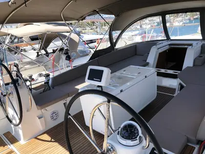 Cockpit of Wise John, a Jeanneau 54 sailboat at Skiathos, Greece