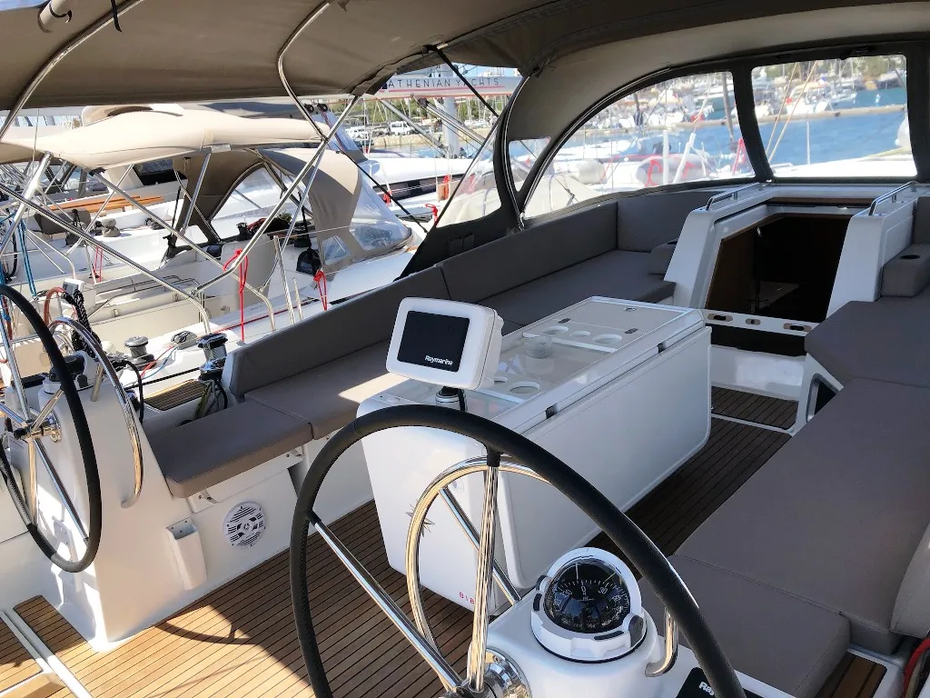 Cockpit of Wise John, a Jeanneau 54 sailboat at Skiathos, Greece