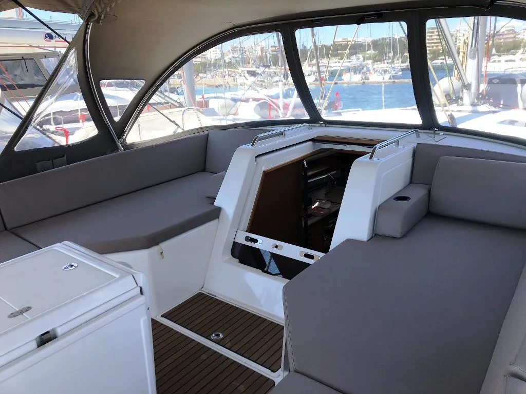 Cockpit of Wise John, a Jeanneau 54 sailboat at Skiathos, Greece