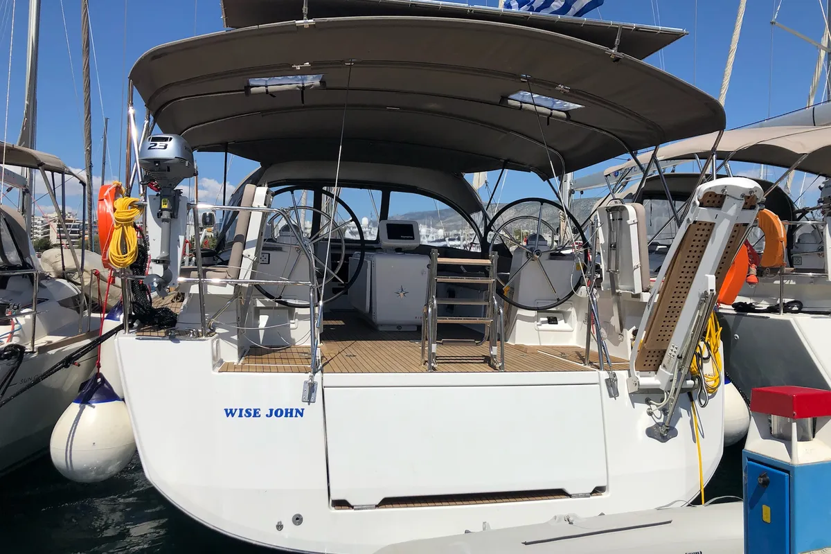 Exterior view of Wise John, a Jeanneau 54 sailboat at Skiathos, Greece