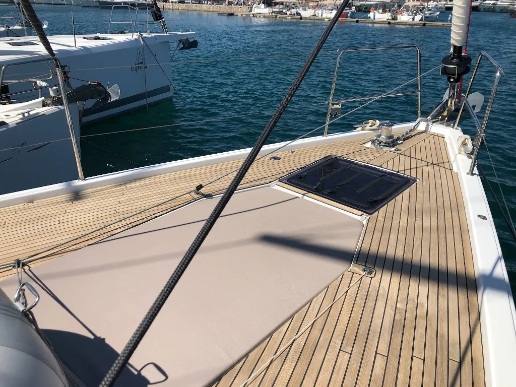 Deck of Wise John, a Jeanneau 54 sailboat at Skiathos, Greece