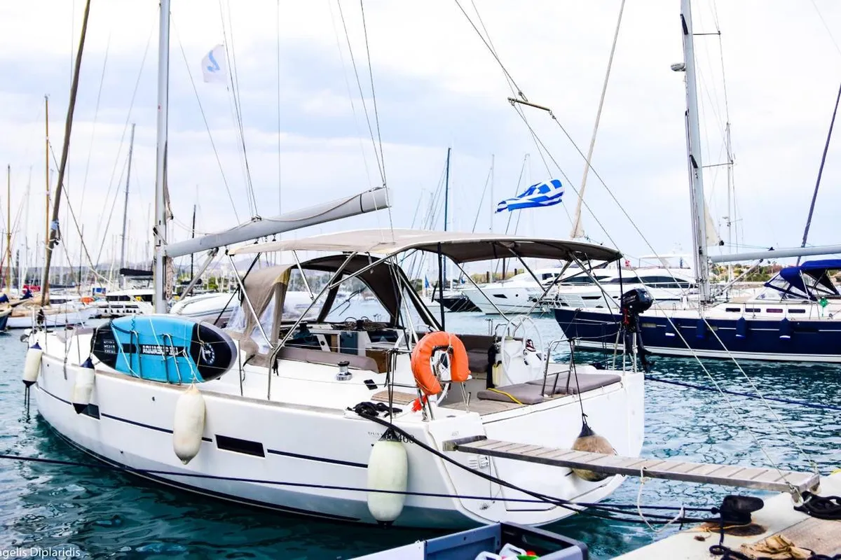 Exterior view of Silia, a Dufour 460 sailboat at Municipal Unit of Lefkada, Greece