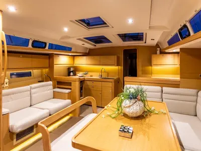 Salon of Silia, a Dufour 460 sailboat at Municipal Unit of Lefkada, Greece