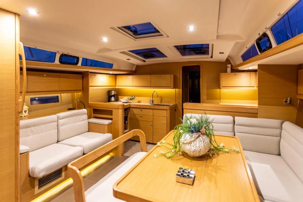 Salon of Silia, a Dufour 460 sailboat at Municipal Unit of Lefkada, Greece